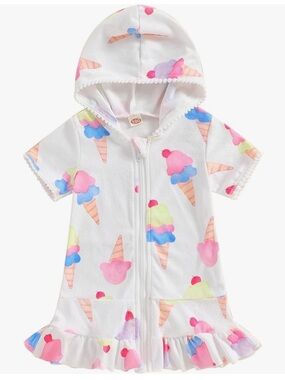 Girls Terry Ice Cream Full Zip Hooded Baby Toddler Swim Cover Up Jacket Top 2-3T